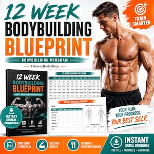 May include: A 12-week bodybuilding blueprint digital program featuring a training calendar and weekly progress tracker. The guide includes a structured 12-week plan, nutrition guidance, and results tracking for an instant digital download.