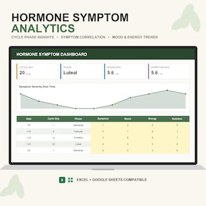 Dashboard di analisi dei sintomi ormonali / Monitoraggio della fase del ciclo, dell'umore, dell'energia e dei sintomi / Monitoraggio oltre il ciclo mestruale / Excel e Fogli Google