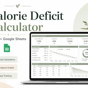 May include: A digital Calorie Deficit Calculator template for Excel and Google Sheets displayed on a laptop screen. The interface features a summary, weight progress graphs, and a daily tracker with data tables. Icons for auto calculations, progress graphs, and easy tracking are listed on the left side of the screen.