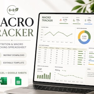 May include: A laptop screen displaying a Macro Tracker nutrition and macro tracking spreadsheet template. The dashboard features a calorie trend line graph, a macro breakdown pie chart, a daily macro summary table, and weight progress charts.
