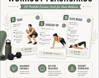 At-Home Workout Flashcards Printable | 24 Exercise Cards | No Equipment Fitness Cards
