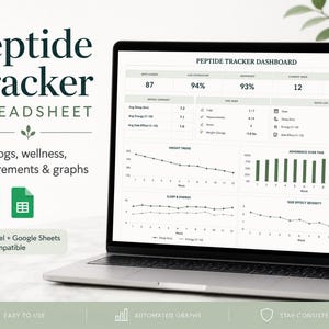 May include: A laptop displaying a Peptide Tracker Dashboard spreadsheet with data logs, wellness metrics, and graphs. The screen shows weight trends, adherence, sleep, and energy levels. The interface includes Excel and Google Sheets compatibility icons.