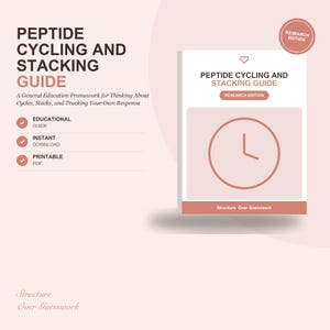 以下が含まれることがあります： Peptide Cycling and Stacking Guide Research Editionというタイトルのデジタル文書。表紙には時計のアイコン、ハートのシンボル、Structure Over Guessworkというテキストが記載されています。教育用の印刷可能なPDFガイドとして提示されています。