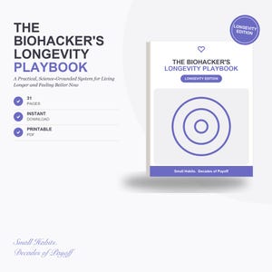 Op de afbeelding: Een digitaal document getiteld The Biohacker's Longevity Playbook, met een witte omslag met paarse tekst, een hartpictogram en concentrische cirkels. Het document bevat 31 pagina's, is een directe download en een printbaar PDF-bestand.