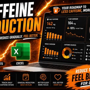 May include: A laptop displaying a caffeine reduction dashboard with charts and data. Text reads: CAFFEINE REDUCTION, TAKE CONTROL. REDUCE GRADUALLY. FEEL BETTER., YOUR ROADMAP TO LESS CAFFEINE, MORE YOU., GOOGLE SHEETS, EXCEL, REDUCE TODAY. FEEL BETTER FOR LIFE.