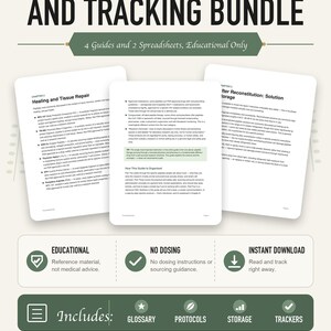 Könnte beinhalten: Ein digitales Paket mit dem Titel Peptide Education and Tracking Bundle, bestehend aus vier Bildungsleitfäden und zwei Tabellenkalkulationen. Das Dokument enthält Texte zu Heilung, Gewebereparatur und Lagerung sowie Symbole für Glossar.
