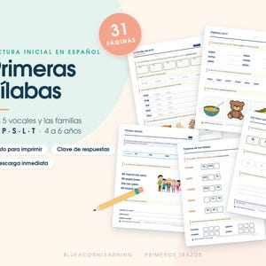 Op de afbeelding: Een digitaal educatief hulpmiddel getiteld Primeras Sílabas met 31 pagina's aan Spaanse leesoefeningen voor kinderen. De printbare werkbladen bevatten lessen over klinkers en lettergrepen met diverse illustraties.