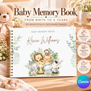 Puede incluir: Un libro de recuerdos para bebés con encuadernación en espiral, cubierta de rayas blancas, el texto Kevin Williams e ilustraciones de león, mono, tigre, jirafa, hipopótamo y cebra. La cubierta incluye el texto Baby Memory Book From Birth To 5 Years.