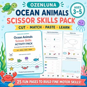 Ocean Animals Scissor Skills Printable, Preschool Cutting Practice, Cut and Paste Worksheets, Ages 3-5