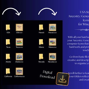 Puede incluir: Una colección digital de iconos de carpetas de genealogía y ascendencia de estados de EE. UU. para Windows. La pantalla muestra iconos de carpetas amarillas junto con archivos .ico correspondientes para varios estados de EE. UU.