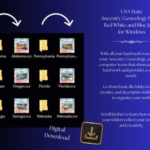 Puede incluir: Una colección digital de iconos de carpetas USA State Ancestry/Genealogy para Windows, con iconos de carpetas amarillas e iconos temáticos de estados etiquetados como Alabama, Pennsylvania, Oregon, Florida, Georgia y Nebraska, junto a un icono de descarga.