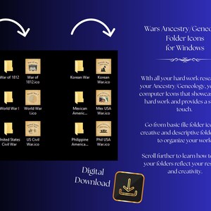 Puede incluir: Un conjunto de descarga digital de iconos de carpeta de Windows con temas de guerras históricas. Los iconos incluyen War of 1812, Korean War, World War I, Mexican American War, United States Civil War y Philippine American War, cada uno.