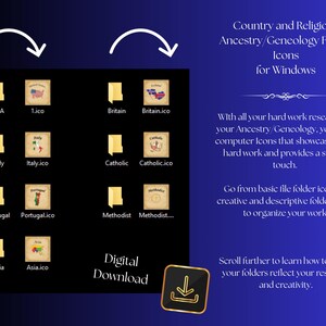 Puede incluir: Una colección digital de iconos de carpetas de ordenador para Windows con temas de ascendencia y genealogía. El conjunto incluye iconos etiquetados para USA, Britain, Italy, Portugal, Asia, Catholic y Methodist sobre un fondo oscuro.