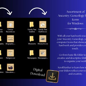 Puede incluir: Una colección digital de iconos de carpetas de genealogía para Windows, con gráficos de carpetas amarillas e iconos cuadrados de color beige etiquetados como Census Records, Family Tree Outline, Biography, Museums, Religion, Newspapers y Education.