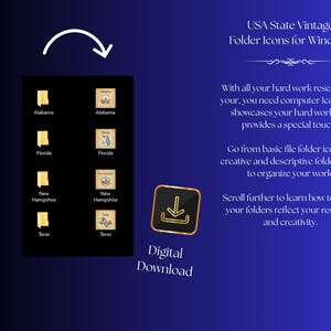 Puede incluir: Un conjunto de descarga digital de iconos de carpeta vintage de estados de EE. UU. para Windows. La imagen muestra una lista de iconos de carpeta etiquetados como Alabama, Florida, New Hampshire y Texas, junto a un icono cuadrado con el texto Digital Download.