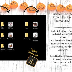 Puede incluir: Un conjunto de descarga digital de iconos de carpeta Halloween USA State para Windows. La imagen muestra iconos de carpeta amarillos junto a los archivos .ico correspondientes para USA, Iowa, Alabama, New Jersey y Colorado, con luces de calabaza.