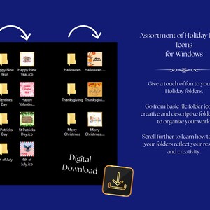 Könnte beinhalten: Ein digitaler Download-Satz von Feiertags-Ordnersymbolen für Windows, mit gelben Ordnergrafiken und quadratischen Symbolen für Neujahr, Valentinstag, St. Patrick's Day, 4. Juli, Halloween, Thanksgiving und Weihnachten, inklusive Textbeschriftungen und Download-Button.