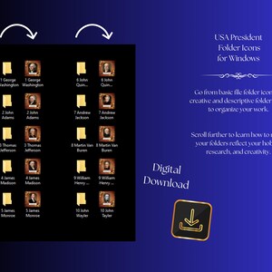Puede incluir: Una descarga digital con iconos de carpeta de presidentes de EE. UU. para Windows. La pantalla muestra diez iconos de carpeta amarillos junto a retratos cuadrados de presidentes desde George Washington hasta John Tyler, con sus nombres.