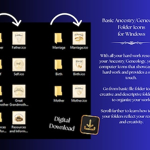 Puede incluir: Un conjunto de descarga digital de iconos de carpetas de genealogía para Windows. La imagen muestra carpetas amarillas y archivos .ico correspondientes etiquetados como Father, Self, Great Grandmother, Resources, Marriage, Birth y Mother.