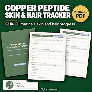 Puede incluir: Un rastreador de piel y cabello de péptido de cobre en PDF imprimible con una portada y hojas de seguimiento semanales. Los documentos incluyen secciones para registros de aplicación diaria, rutinas de consistencia y notas de progreso.