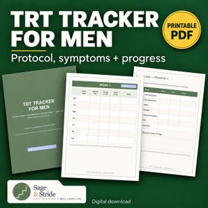 Puede incluir: Un rastreador TRT en PDF imprimible que incluye una portada, una hoja de seguimiento semanal para dosis, sitio de inyección, energía y estado de ánimo, y un formulario de laboratorio. Documentos blancos con encabezados y texto verde oscuro.