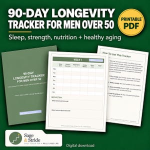 May include: A 90-day longevity tracker for men over 50, a printable PDF digital download. The document includes a cover page, a weekly tracking sheet for sleep, exercise, supplements, fasting, stress, and mood, and a how-to-use instruction page.
