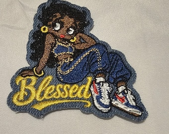 Blessed Girl Embroidered Iron On Patch, Christian Black Girl Patch, Faith Applique