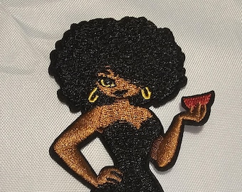 Écusson thermocollant brodé Afro Queen, écusson cocktail Black Girl, applique tendance pour vestes, chapeaux et sacs