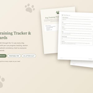 以下が含まれることがあります： PDF形式の5ページの犬のトレーニングトラッカーおよびキューカードシステム。ドキュメントには「Dog Training Tracker & Cue Cards」、「Core Cues 1-6」というテキストが含まれており、進捗追跡、セッションログ、家庭内の一貫性チャートのセクションがあります。