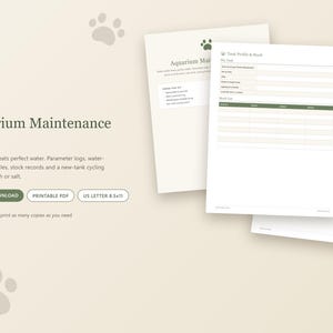 May include: An aquarium maintenance log system featuring multiple printable pages with tables for tracking water parameters, maintenance schedules, and stock records. The documents include the text Aquarium Maintenance Log and US Letter 8.5x11.