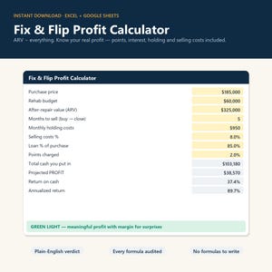 May include: A digital Fix & Flip Profit Calculator spreadsheet template for Excel and Google Sheets. The interface displays input fields for purchase price, rehab budget, and ARV, with calculated fields for total cash, projected profit, and returns.
