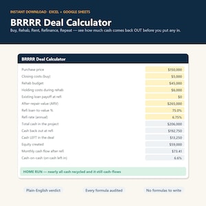 BRRRR-Deal-Rechner-Tabelle | Excel, Google Sheets (Digitaler Download)