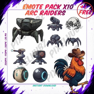 Peut inclure: Un pack d'emotes numériques comprenant dix icônes sur le thème Arc Raiders, incluant des machines robotiques en forme d'araignée, des tourelles, des drones sphériques et un coq portant un chapeau de cowboy. Texte : EMOTE PACK X10 ARC RAIDERS +1 FREE.