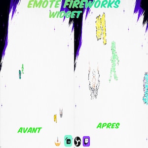 May include: A digital display titled EMOTE FIREWORKS WIDGET showing a comparison labeled AVANT and APRES. The left side shows small emote icons, while the right side displays large, colorful, firework-like clusters of emotes in yellow, green, and blue.