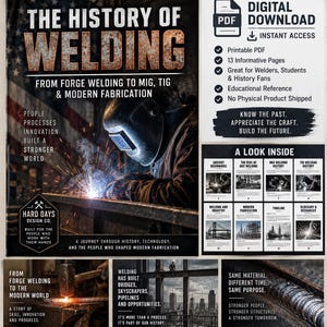 May include: A digital download document titled The History of Welding, featuring a welder in protective gear, sparks, and an American flag background. It includes 13 pages covering forge welding, MIG, TIG, and modern fabrication history.