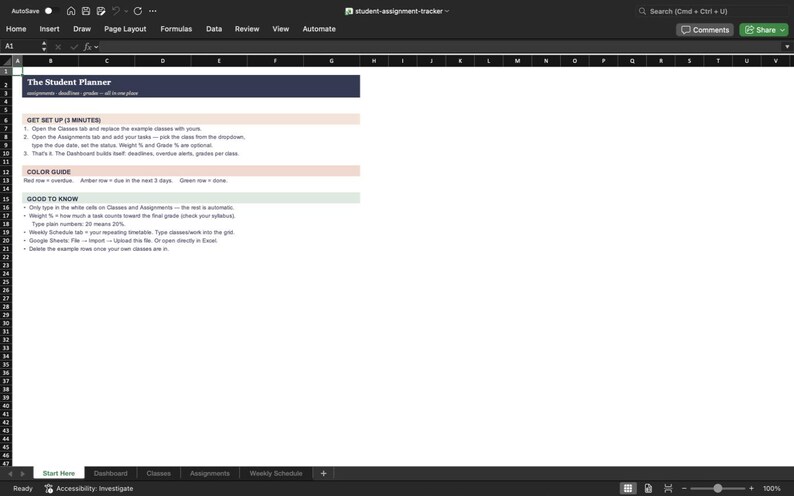 K&ouml;nnte beinhalten: Eine digitale Tabellenkalkulation zur Nachverfolgung von Studentenaufgaben mit einer dunklen Kopfzeile namens The Student Planner. Das Layout enth&auml;lt Abschnitte f&uuml;r Get Set Up, Color Guide und Good To Know mit Anweisungen zur Verwaltung von Stundenpl&auml;nen, Fristen und Noten.