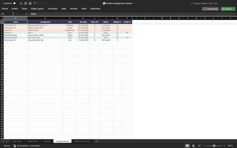 K&ouml;nnte beinhalten: Eine digitale Tabellenkalkulation zur Verfolgung von Studentenaufgaben auf einem Bildschirm. Die Tabelle enth&auml;lt Spalten f&uuml;r Class, Assignment, Type, Due date, Days left, Status, Weight % und Grade %. Die Zeilen sind wei&szlig;, rosa und hellgr&uuml;n farbcodiert.