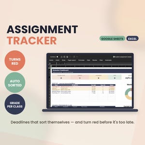 May include: A digital assignment tracker template for Google Sheets and Excel displayed on a laptop screen. The interface features a semester dashboard, a list of upcoming deadlines, and progress charts. Text includes ASSIGNMENT TRACKER.