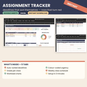K&ouml;nnte beinhalten: Eine digitale Tabellenkalkulationsvorlage zur Aufgabenverfolgung f&uuml;r Google Sheets und Excel. Die Benutzeroberfl&auml;che umfasst ein Semester-Dashboard, Diagramme zum Arbeitsaufwand und einen Wochenplan mit automatisch sortierten Fristen sowie farbcodierten Dringlichkeitsanzeigen.