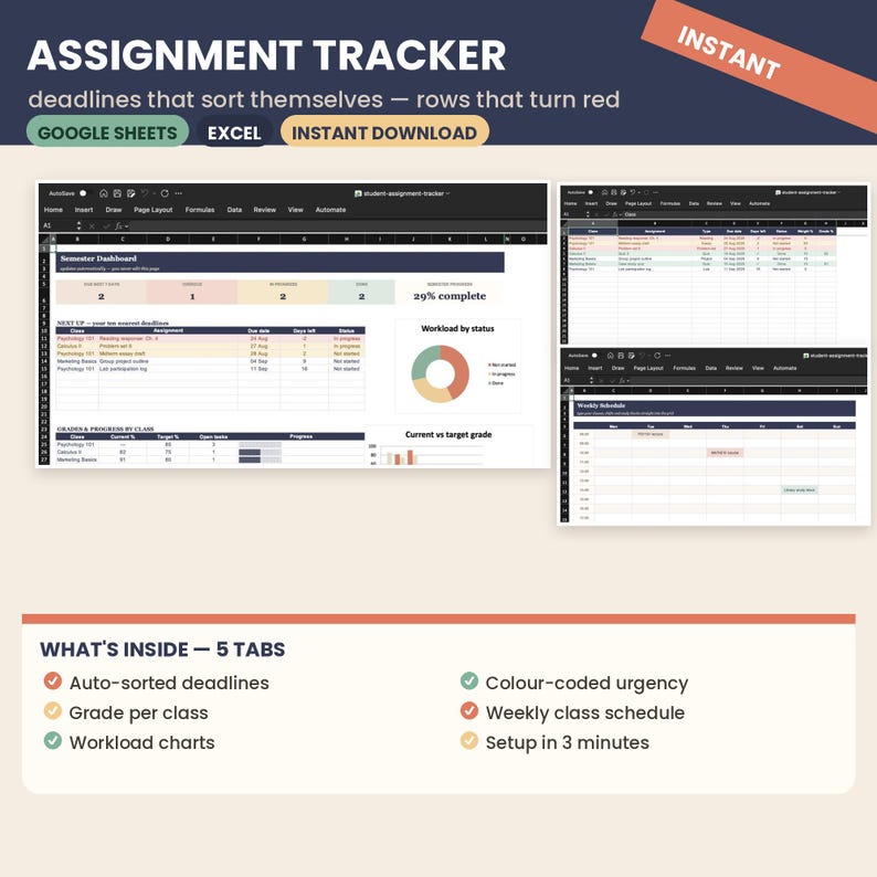 K&ouml;nnte beinhalten: Eine digitale Tabellenkalkulationsvorlage zur Aufgabenverfolgung f&uuml;r Google Sheets und Excel. Die Benutzeroberfl&auml;che umfasst ein Semester-Dashboard, Diagramme zum Arbeitsaufwand und einen Wochenplan mit automatisch sortierten Fristen sowie farbcodierten Dringlichkeitsanzeigen.