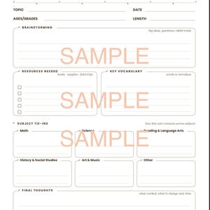 May include: A white Unit Study Planner page with dark brown text and small pink flower accents. The layout includes sections for topic, date, ages, length, brainstorming, resources, vocabulary, subject tie-ins, and final thoughts with a SAMPLE watermark.