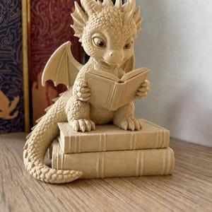 Peut inclure: Une figurine monochrome beige représentant un petit dragon aux écailles texturées, cornes et ailes, assis sur une pile de deux livres rectangulaires tout en tenant un livre ouvert entre ses mains. Le dragon a de grands yeux et une longue queue.