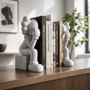 Puede incluir: Un par de sujetalibros de piedra gris texturizada con forma de figuras de dibujos animados con las manos cubriendo sus rostros, sosteniendo una fila de libros como KAWS: The Complete Collection, Contemporary Design y History of Sculpture.