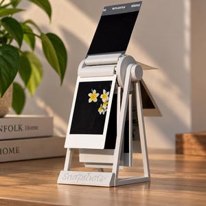 May include: A white rotating photo display stand with a triangular frame and the word Snapshots engraved on the base. It holds multiple square instant film prints, including one featuring white and yellow flowers against a black background.