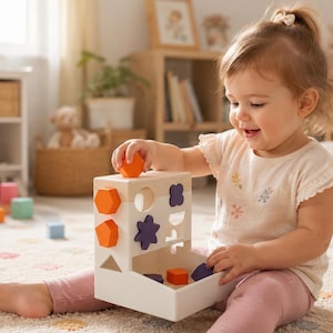 Shape Sorter Cube | Montessori Wooden-Style Toy | Geometric Shape Sorting Box | 3D Printed Toddler Toy
