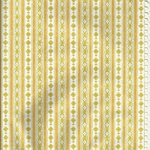May include: A vintage wallpaper design with vertical stripes in gold and cream. The gold stripes have a textured appearance, and the cream stripes are decorated with floral and oval patterns. The paper has a slightly aged look.