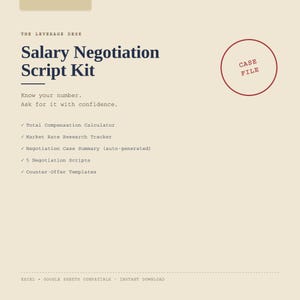 May include: A digital document titled The Leverage Desk Salary Negotiation Script Kit on a cream background. It lists a Total Compensation Calculator, Market Rate Research Tracker, Negotiation Case Summary, 5 Negotiation Scripts, and Counter-Offer Templates.