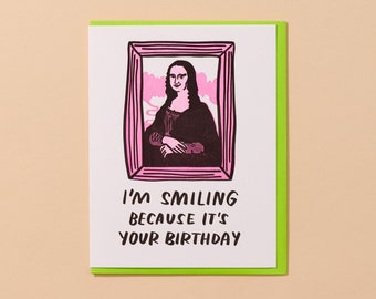 Tarjeta de cumpleaños Mona Lisa Letterpress - amante de la historia del arte, regalo de mona lisa, cumpleaños del museo de arte, cumpleaños del artista,