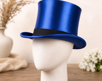ロイヤルブルーのシルク製トップハット、手作りのビクトリアン調トップハット、スチームパンクゴシックハット、結婚式やコスチューム用の帽子