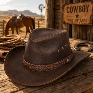 Pode incluir: Um chapéu de cowboy de couro castanho escuro com aspeto envelhecido, apresentando uma faixa entrançada com um pequeno detalhe metálico e três ilhós de ventilação em cada lado da copa. O chapéu tem uma aba larga e curva com textura.